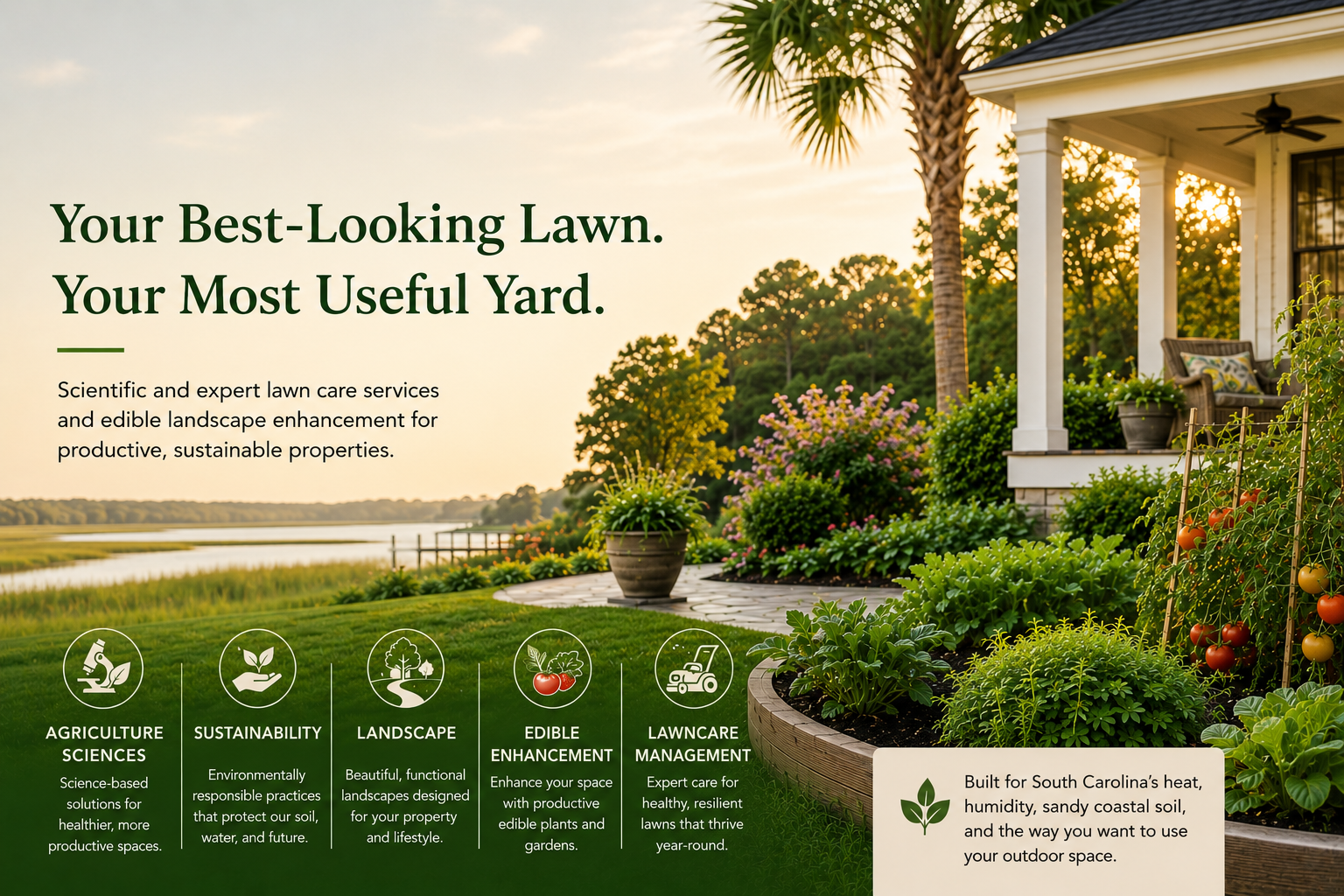 Lowcountry property at sunset — lush lawn, edible garden beds with tomatoes, palm tree, and charming porch. InfiniteAg lawn care, edible landscape, and plant science services.